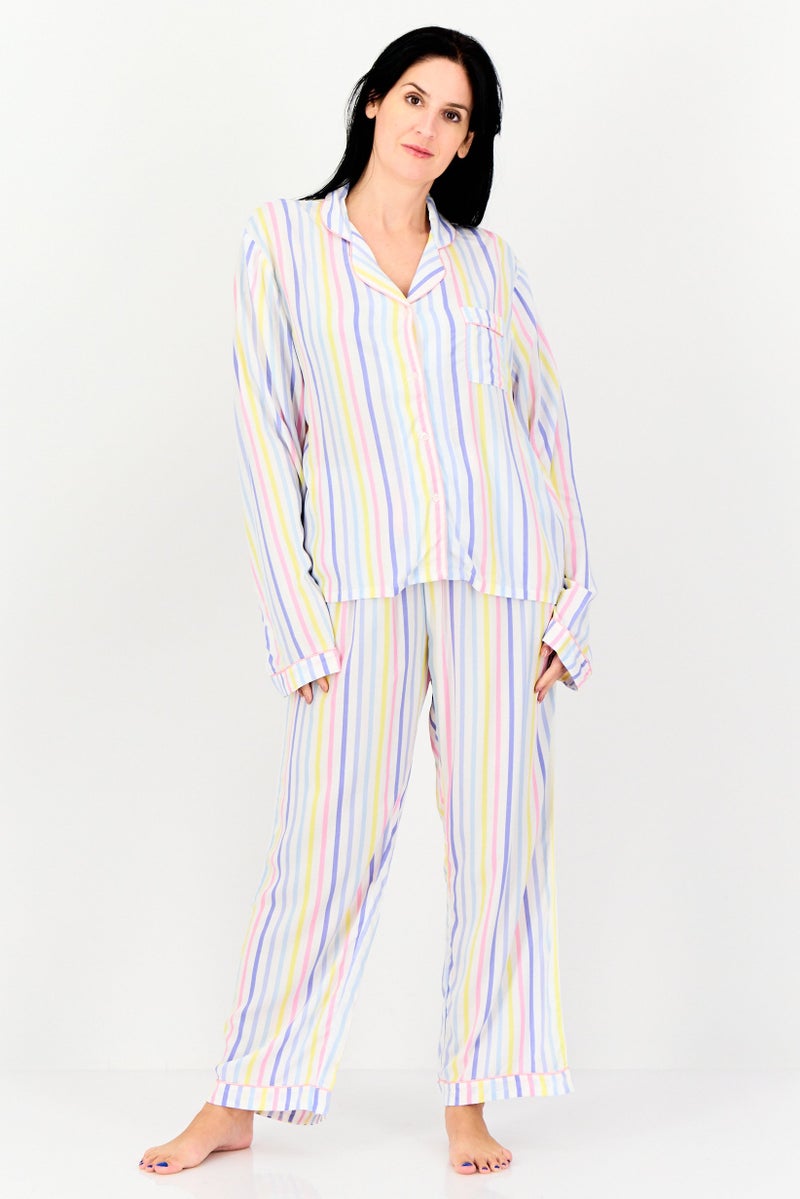 bebe Women 2 Pcs Stripe Print Top And Bottom Pyjama Set, Multicolor  - Image 1
