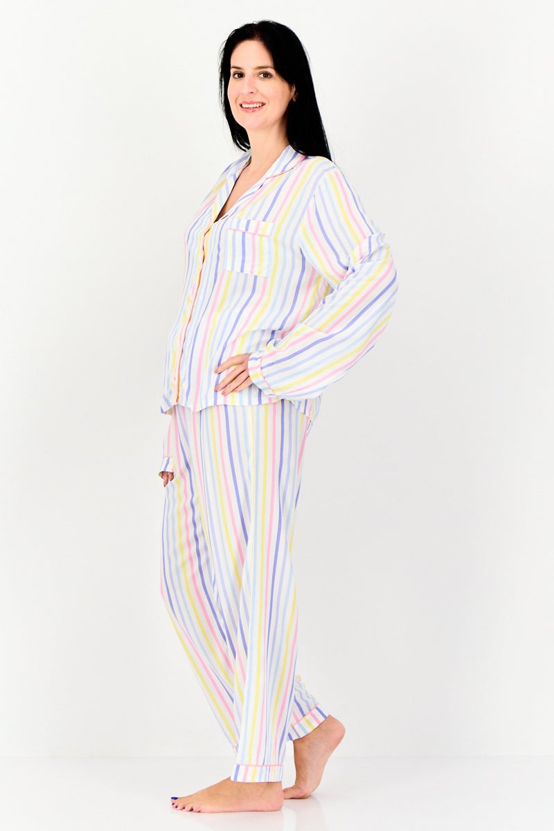 bebe Women 2 Pcs Stripe Print Top And Bottom Pyjama Set, Multicolor  - Image 3