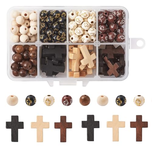 KISSITTY Rosary Making Kit Cross Rosary Beads 8mm Easter Round Wood Acrylic Cross Spacers Cross Pendant Beads for DIY Jewelry Making About 211pcs/box - Image 1