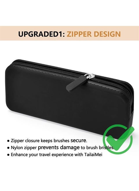 Large Travel Makeup Brush Holder - Zipper Anti-Fall Out Silicon Cosmetic Pouch, Makeup Tools Organizer For Travel (7.6 * 3.1 * 0.9 inches, Black)