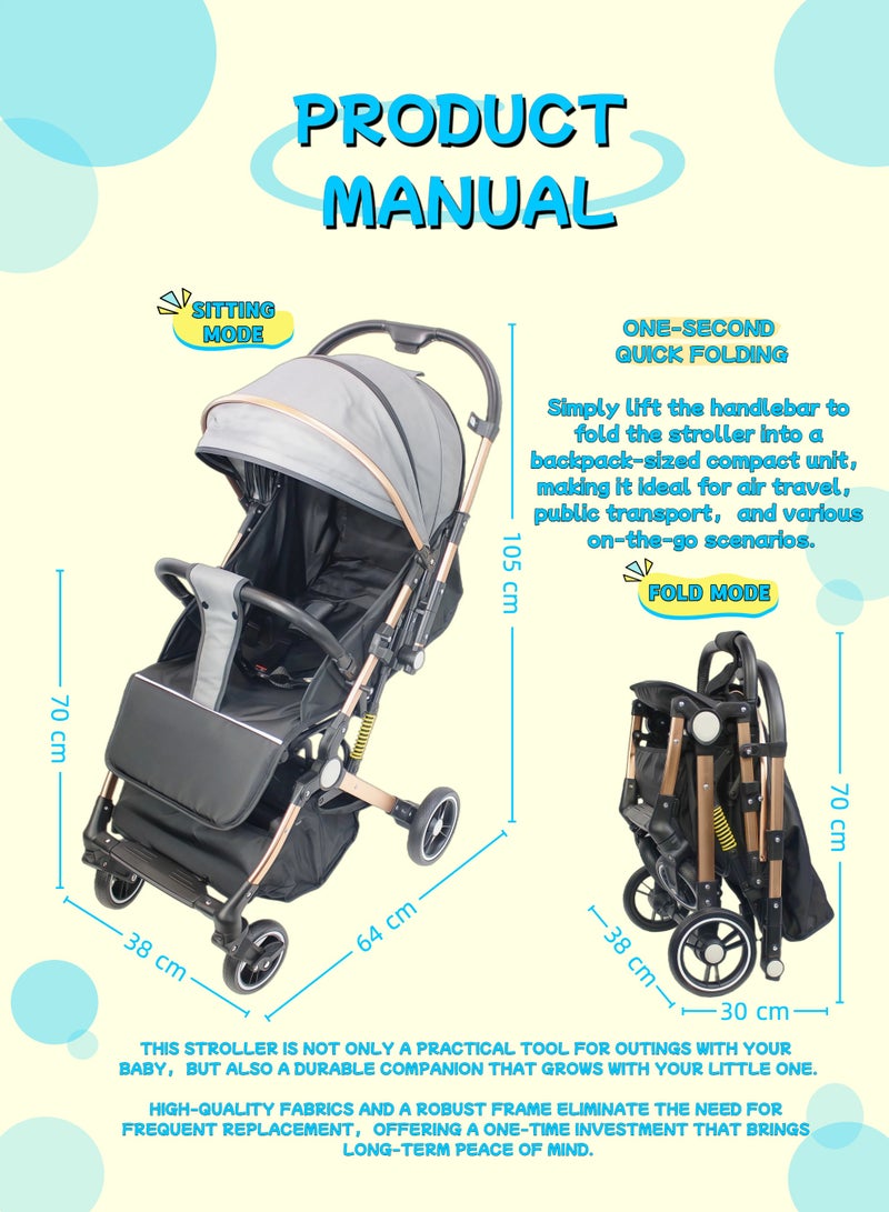 Two-way One-click Foldable Ultra Lightweight Travel Stroller Comfortable Shock Absorbent Multi Position Reclining Seat Adjustable Canopy Foldable Storage Basket NO.1105 - Image 2