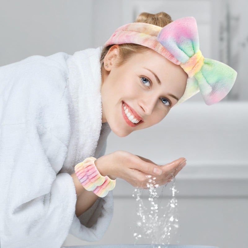 Wteehn 6PCS Spa Headband and Wristband Set for Face Washing, Soft Microfiber Skincare Hairband with Bow, Soft Absorbent Wrist Towels for Women Girls, For Makeup, Facial, Shower, Yoga - Image 2