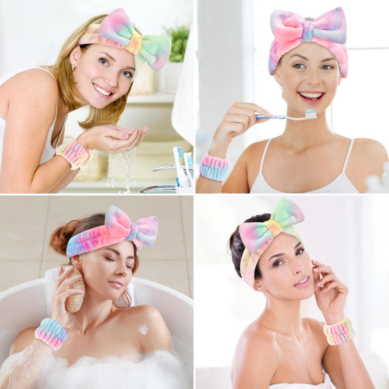 Wteehn 6PCS Spa Headband and Wristband Set for Face Washing, Soft Microfiber Skincare Hairband with Bow, Soft Absorbent Wrist Towels for Women Girls, For Makeup, Facial, Shower, Yoga - Image 5