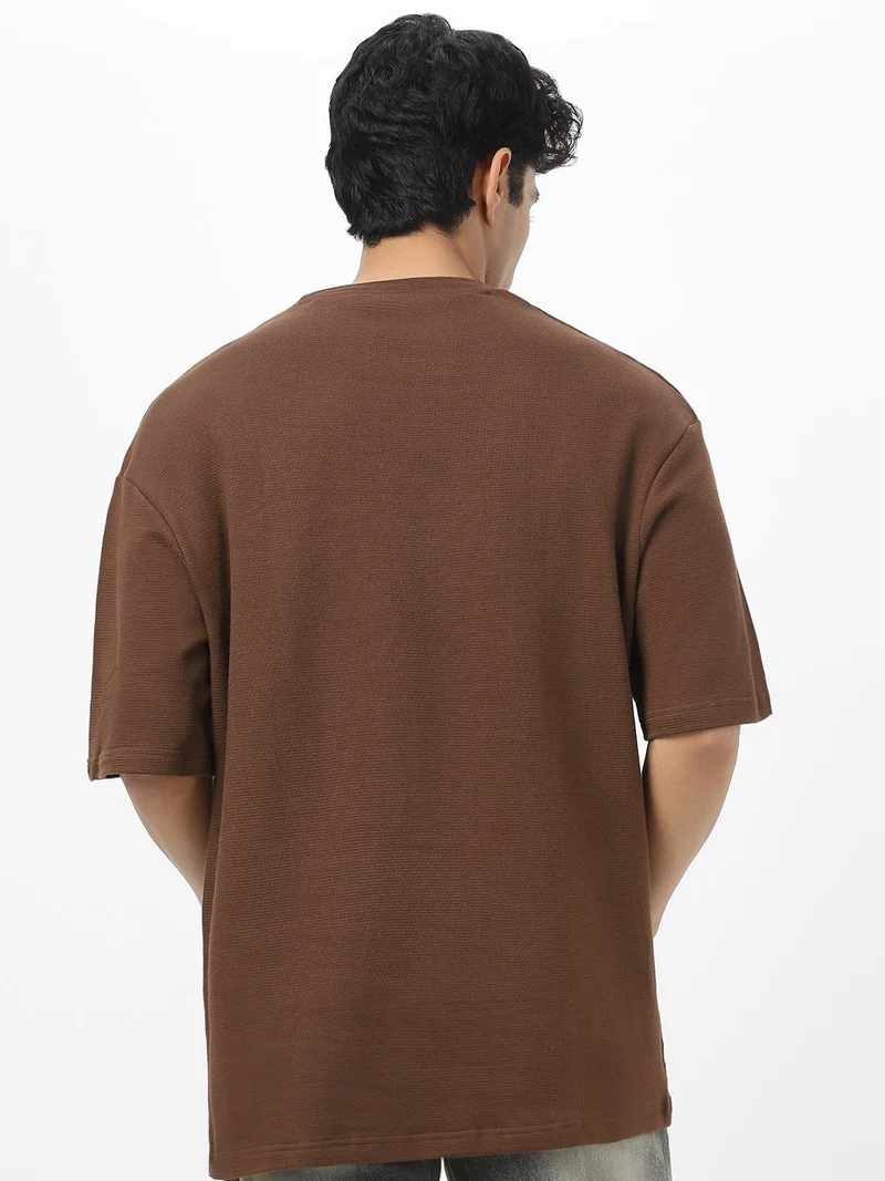 Urbano Fashion  Urbano Fashion Men's Chocolate Brown Textured Round Neck Oversized Half Sleeve Cotton T-Shirt  | Best Price UAE