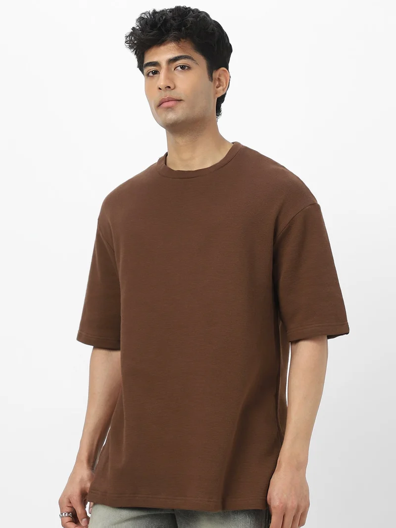 Urbano Fashion  Urbano Fashion Men's Chocolate Brown Textured Round Neck Oversized Half Sleeve Cotton T-Shirt  | Best Price UAE