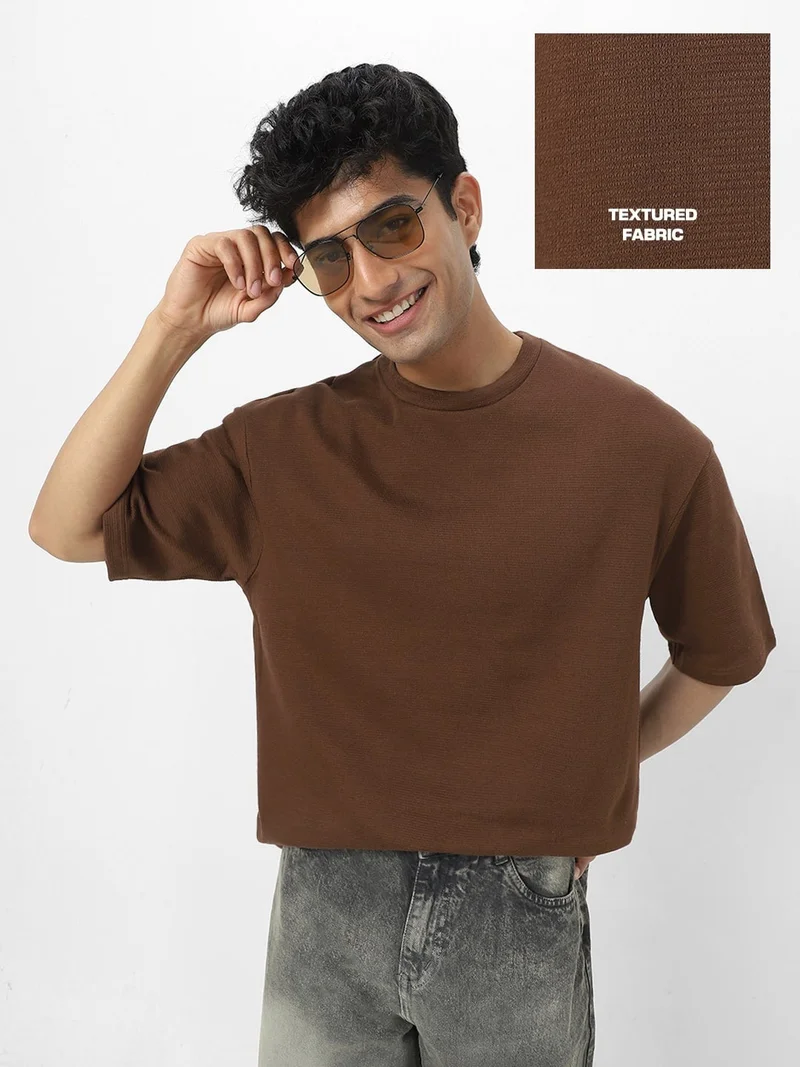 Urbano Fashion Men's Chocolate Brown Textured Round Neck Oversized Half Sleeve Cotton T-Shirt