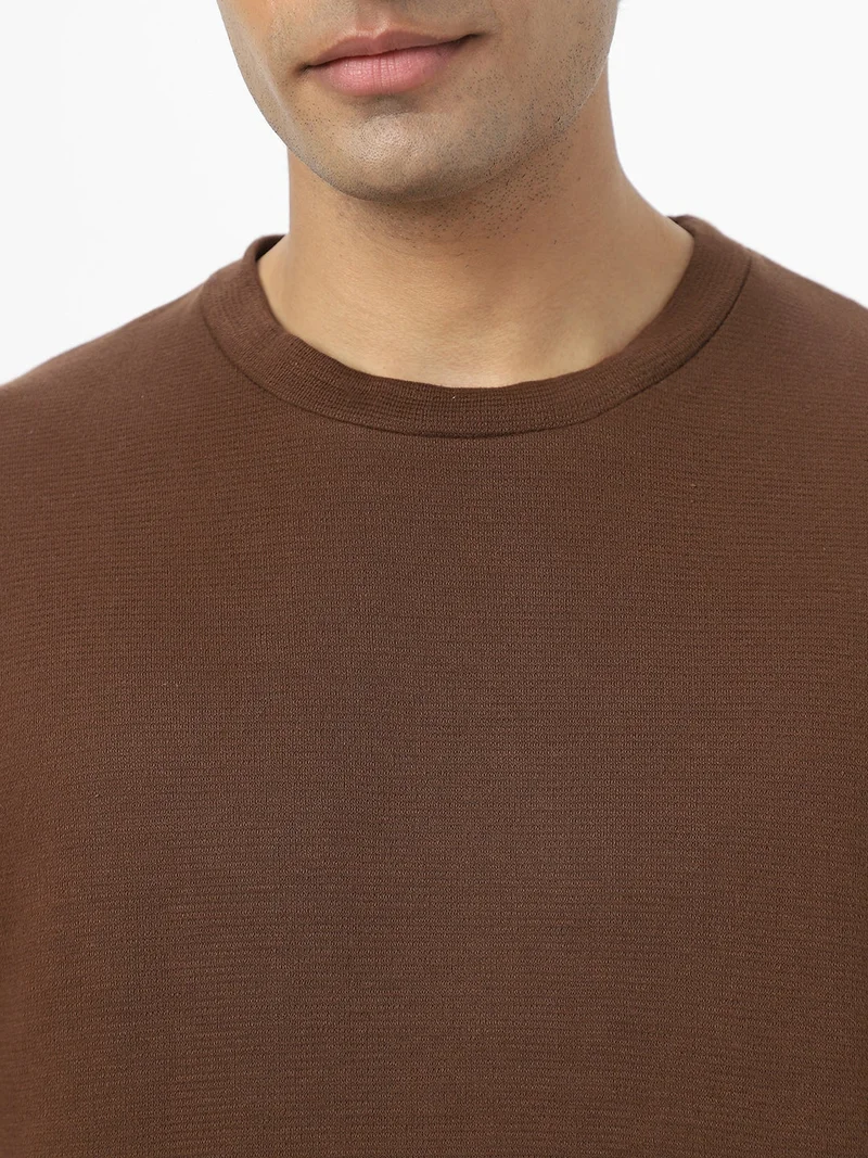 Urbano Fashion  Urbano Fashion Men's Chocolate Brown Textured Round Neck Oversized Half Sleeve Cotton T-Shirt  | Best Price UAE
