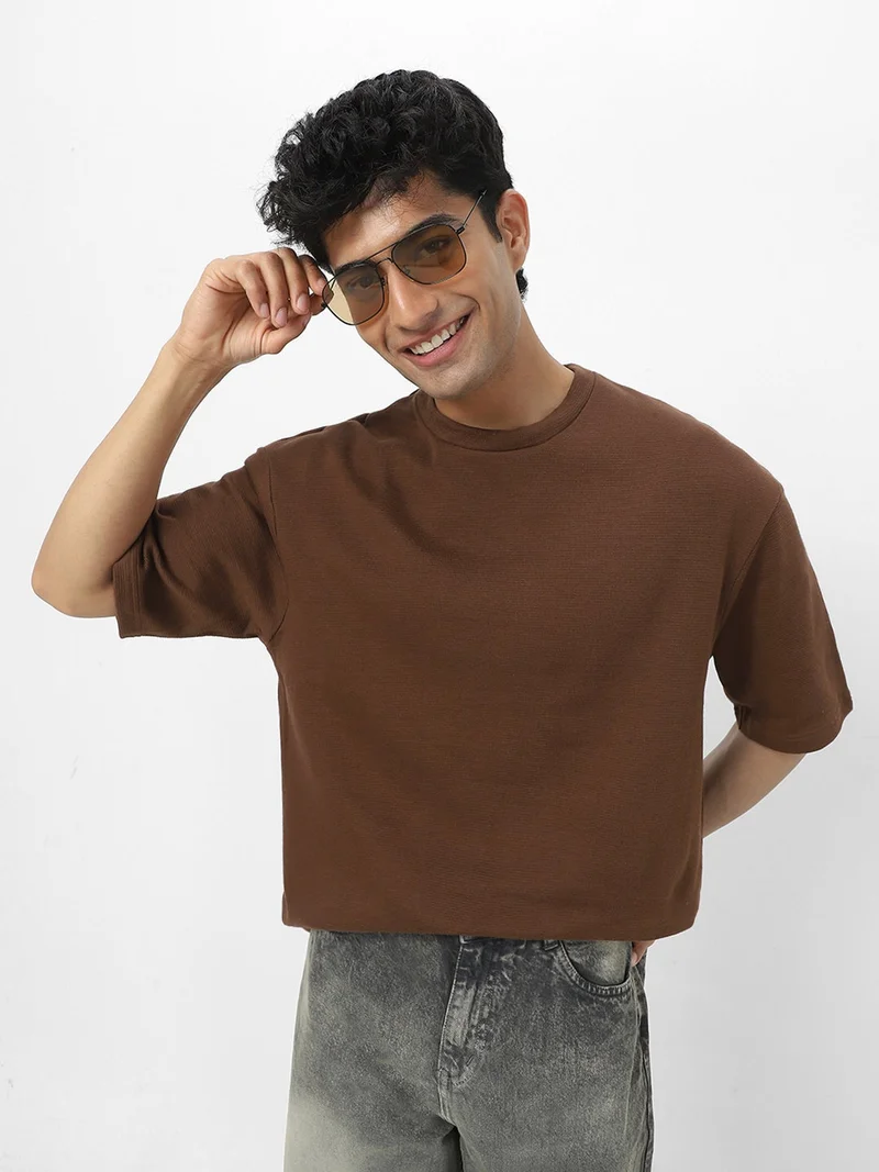 Urbano Fashion  Urbano Fashion Men's Chocolate Brown Textured Round Neck Oversized Half Sleeve Cotton T-Shirt  | Best Price UAE