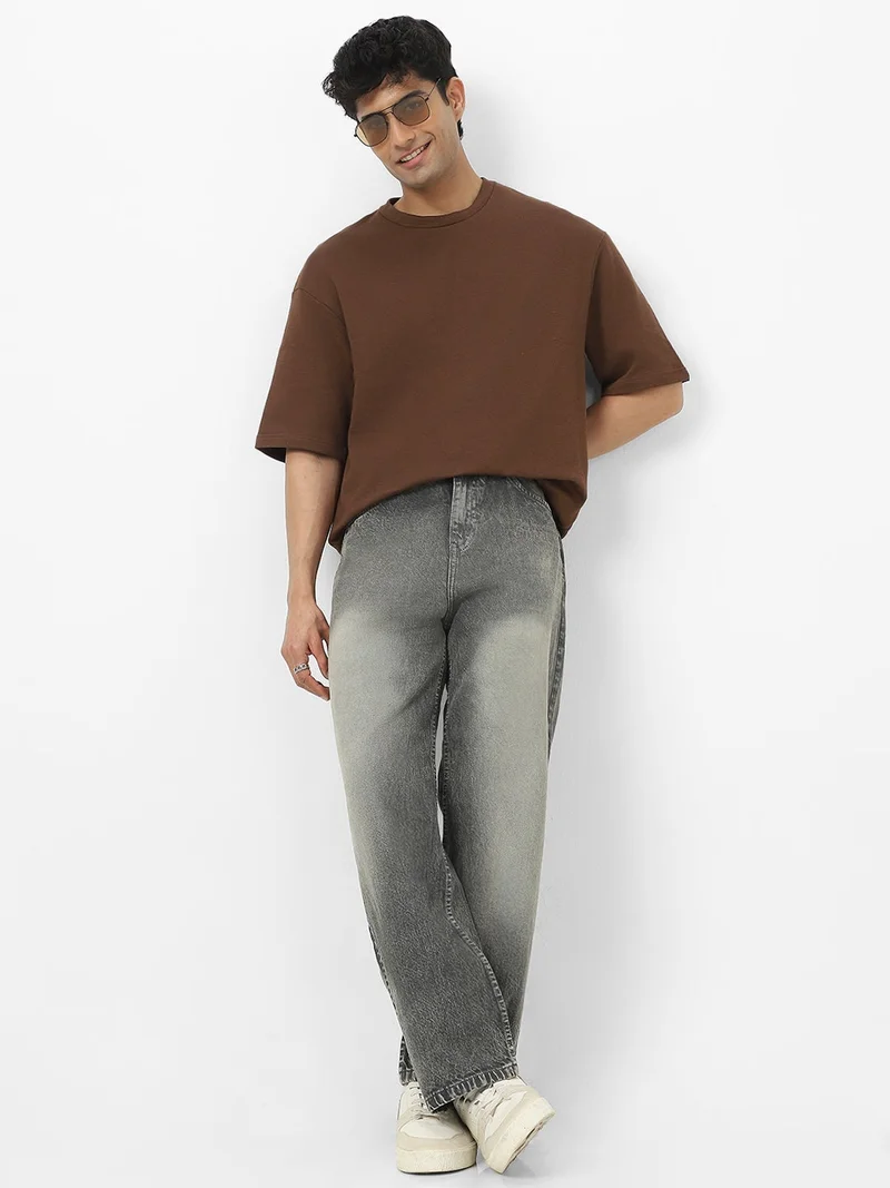 Urbano Fashion  Urbano Fashion Men's Chocolate Brown Textured Round Neck Oversized Half Sleeve Cotton T-Shirt  | Best Price UAE