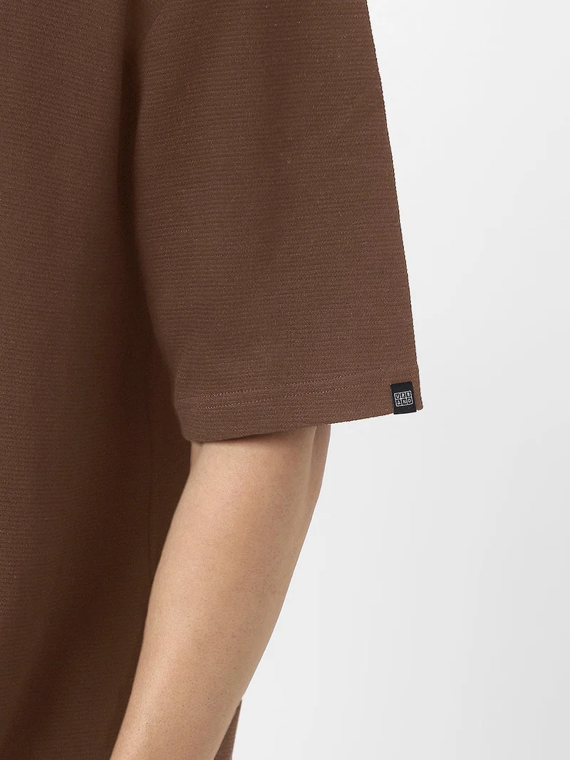 Urbano Fashion  Urbano Fashion Men's Chocolate Brown Textured Round Neck Oversized Half Sleeve Cotton T-Shirt  | Best Price UAE