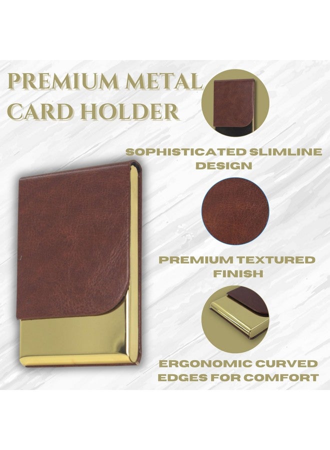 Skrill Business Card Holder for Men and Women, Visiting Card Holder, PU Leather, Metal Card Holder (Vertical, Brown, Gold) - Image 2