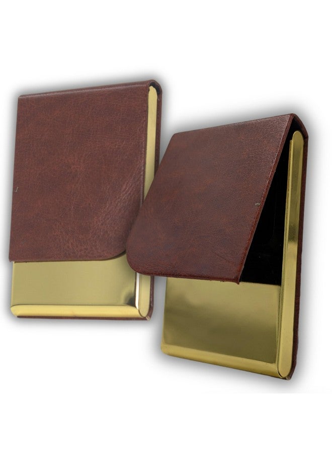 Skrill Business Card Holder for Men and Women, Visiting Card Holder, PU Leather, Metal Card Holder (Vertical, Brown, Gold) - Image 1
