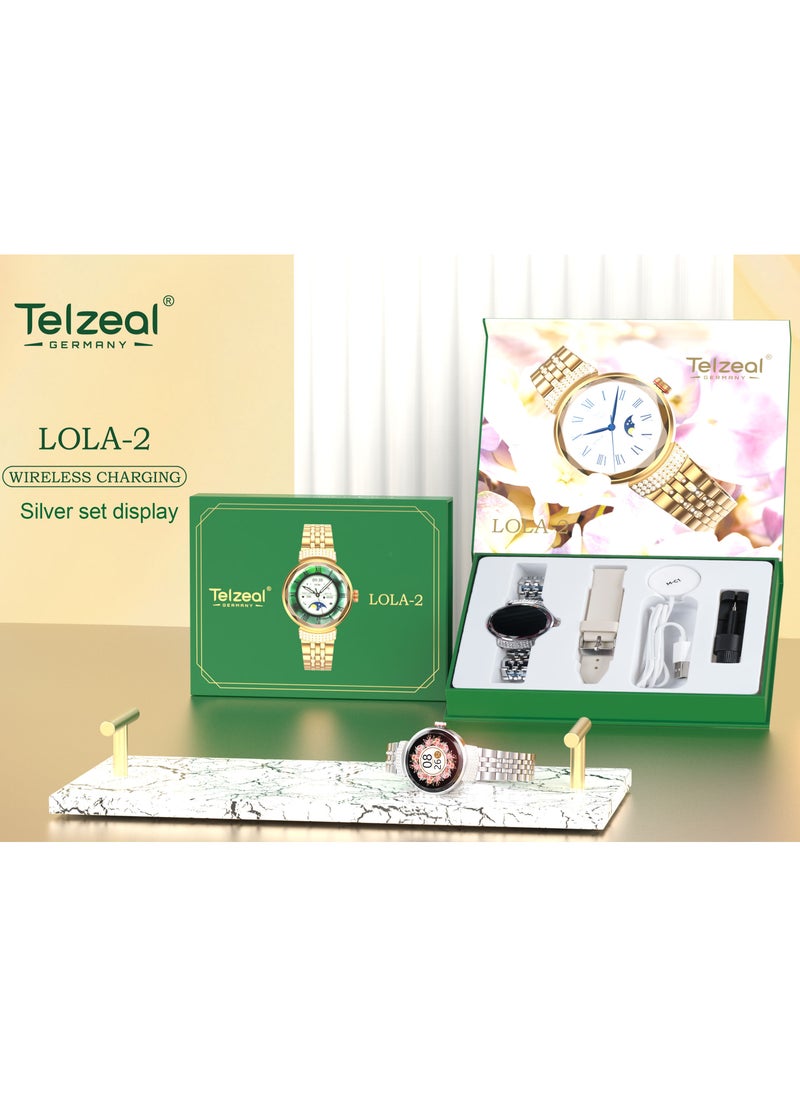 Telzeal - Telzeal Lola 2 Round Shape Ladies Smartwatch With 2 Pair Straps and Wireless Charger Silver - Image 1
