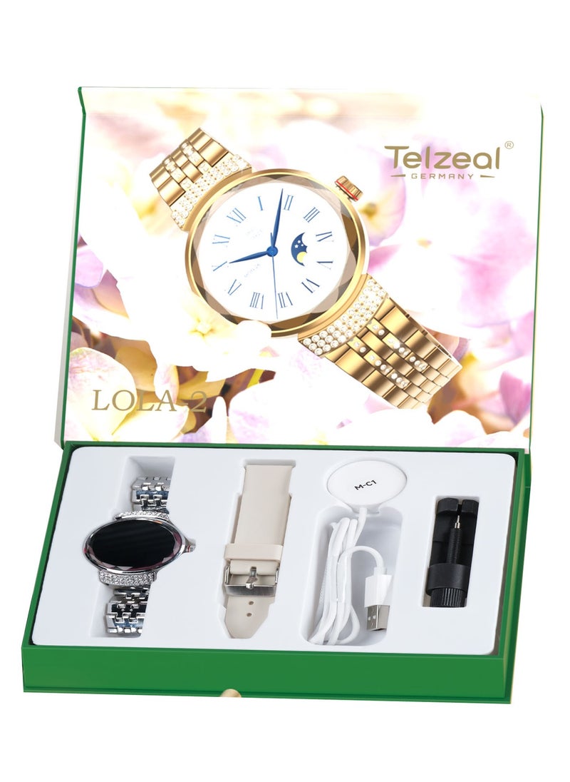 Telzeal - Telzeal Lola 2 Round Shape Ladies Smartwatch With 2 Pair Straps and Wireless Charger Silver - Image 1