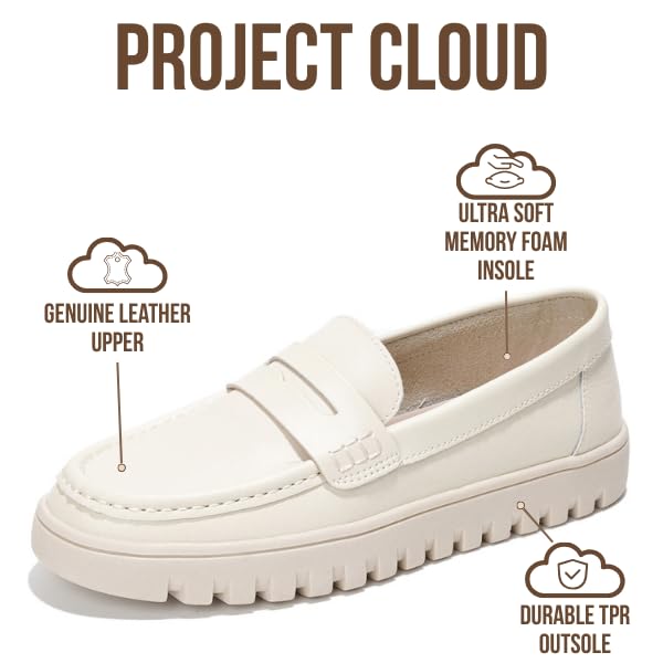 Project Cloud Genuine Leather Loafers for Women – Memory Foam Insoles Slip On Shoes for Women – Lightweight Womens Shoes – Non Slip Womens Loafers (Filide1, CREA,7) Ivory - Image 2