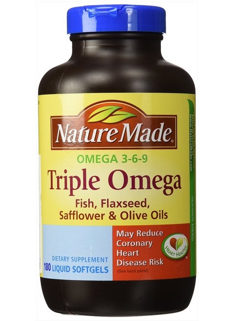 Triple Omega 3 6 9 - Fish, Flaxseed, Safflower & Olive Oils - 180 Softgels