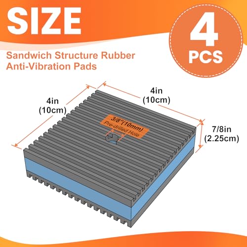 GCGOODS Rubber Anti-Vibration Pad, 4" x 4" x 7/8" Heavy Duty Ribbed Rubber with Blue EVA Center Isolation Pads for HVAC, Air Compressor, Treadmill, Washer and Dryer, Air Conditioner Units, Pack of 4 - Image 2