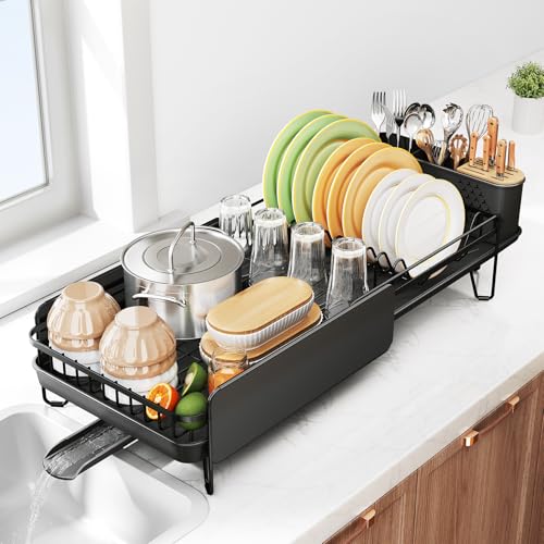 SNTD Dish Drying Rack - Large Dish Racks for Kitchen Counter, Expandable Dish Drainers with Cutlery Holder Stainless Steel Rustproof, Black - Image 1
