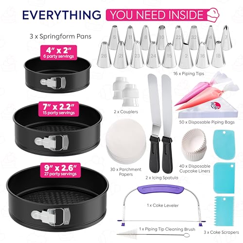 Riccle 148PCs Cake Pan Set for Baking, 3 Non-Stick Springform Pan Set (4, 7, 9 Inches), Cake Decorating Kit, Piping Bags and Tips Set, Cake Leveler, Multi-functional Leak-Proof CheeseCake Pan (148) - Image 2