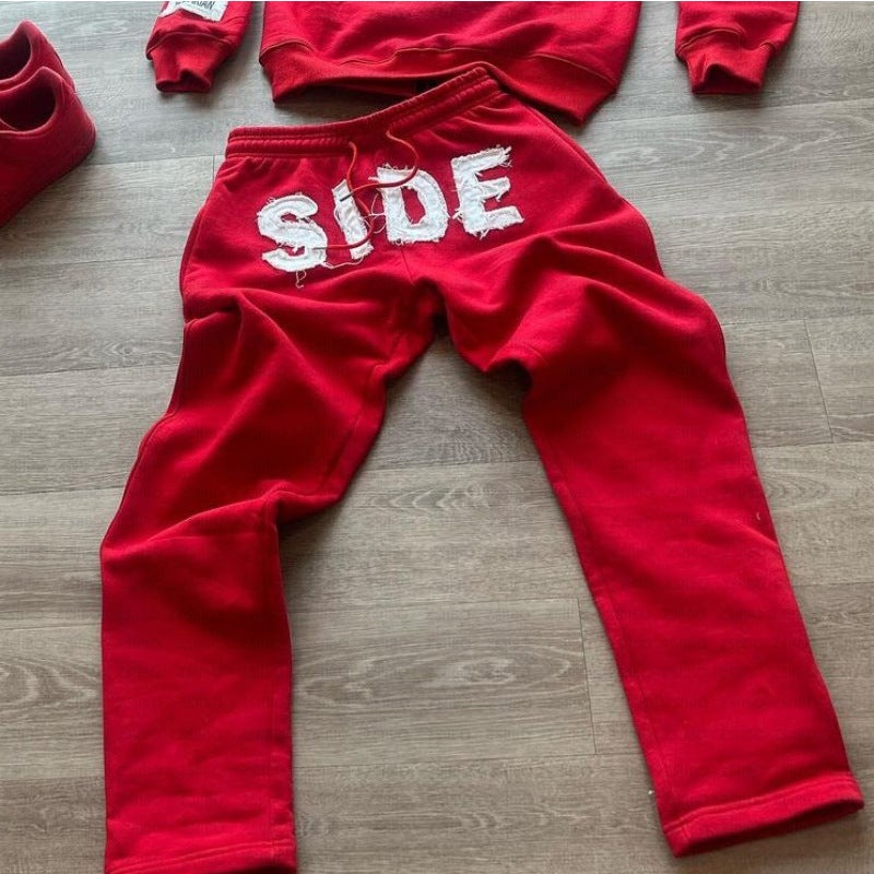 Autumn Winter Unisex Hoodie Zip-Up Letter Patch Sweatshirt red pants - Image 1