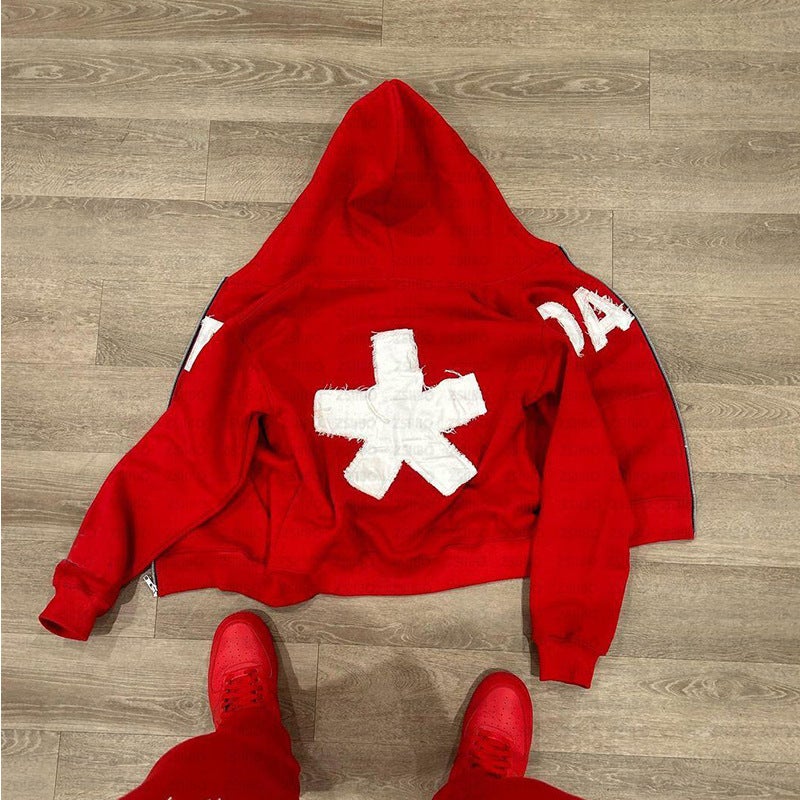 Autumn Winter Unisex Hoodie Zip-Up Letter Patch Sweatshirt red pants - Image 2