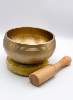 Alpine Crystals UAE Authentic Himalayan Pure Golden Shinning Singing Bowl Single Set Handcrafted in Nepal Medium (455 grams) Includes Traditional Wooden Striker and Silk Cushion  - Image 3