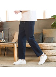 Mens Summer Linen Pants Casual Straight-Leg Chinese Style navy blue