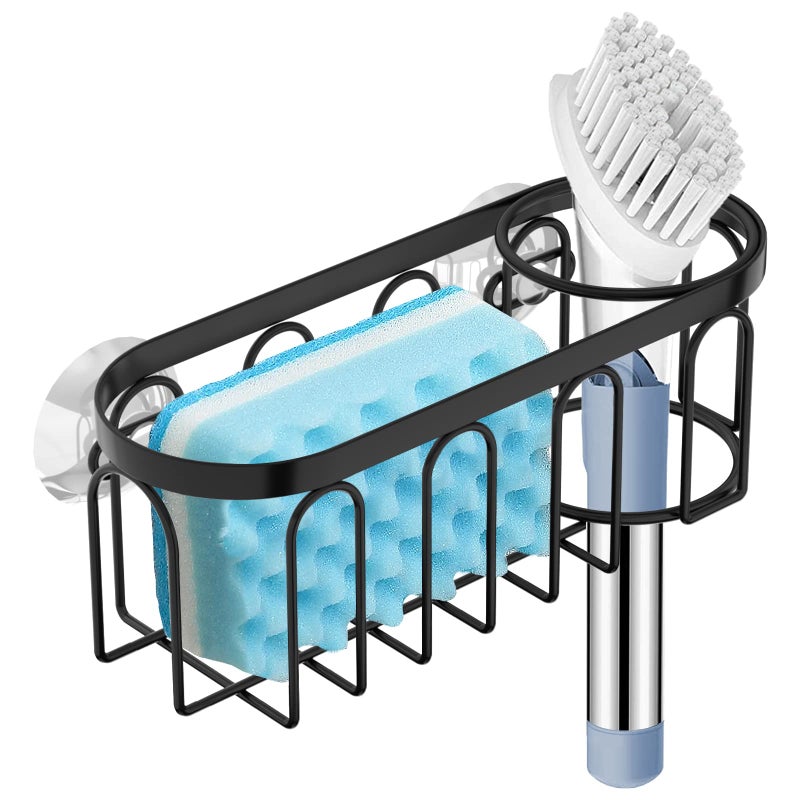 Yazoni 2in1 Sponge Holder for Kitchen Sink Suction Cup Sponge Rack Kitchen Caddy No Drill Rustproof Sink Organizer Holder for Place Dishwashing Brush Soap Black