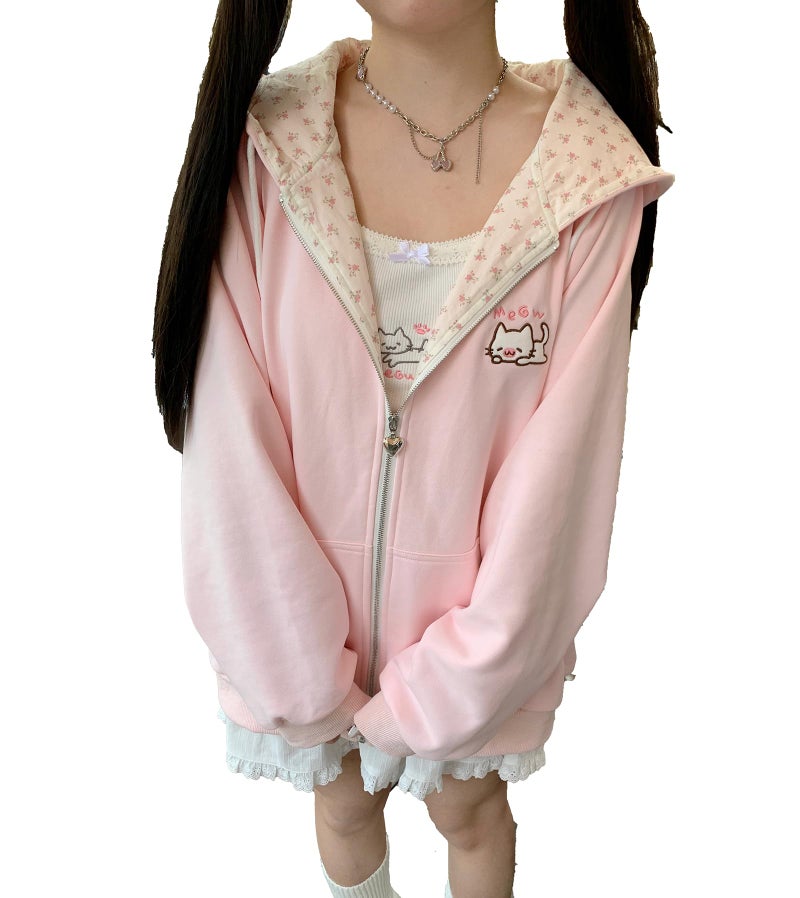 Dynict Womens Y2K Zip Up Cute Graphic Hoodies Cat Ears Casual Cartoon Harajuku Kawaii Clothes Oversize Streetwear Jacket (US, Alpha, Medium, Regular, Regular, Pink) - Image 1