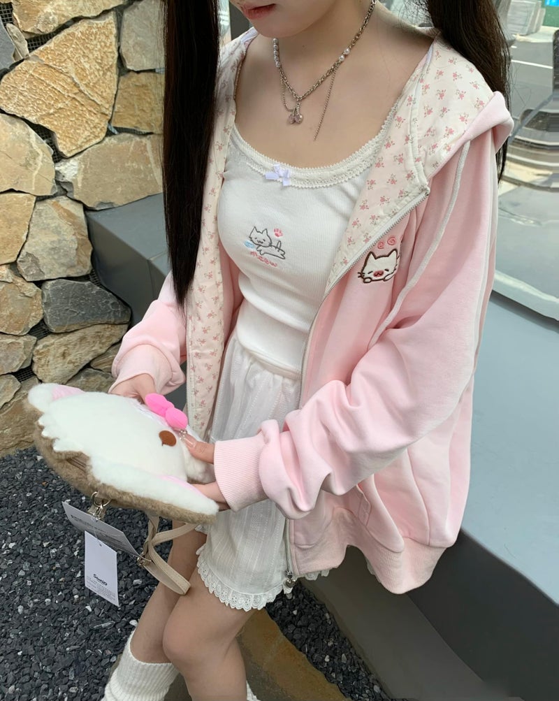 Dynict Womens Y2K Zip Up Cute Graphic Hoodies Cat Ears Casual Cartoon Harajuku Kawaii Clothes Oversize Streetwear Jacket (US, Alpha, Medium, Regular, Regular, Pink) - Image 5