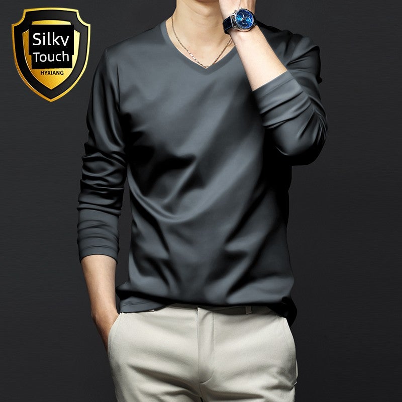 High-end modal long-sleeved t-shirt men's V-neck solid white inner wear New  base shirt autumn clothes small shirt thin style - Image 1