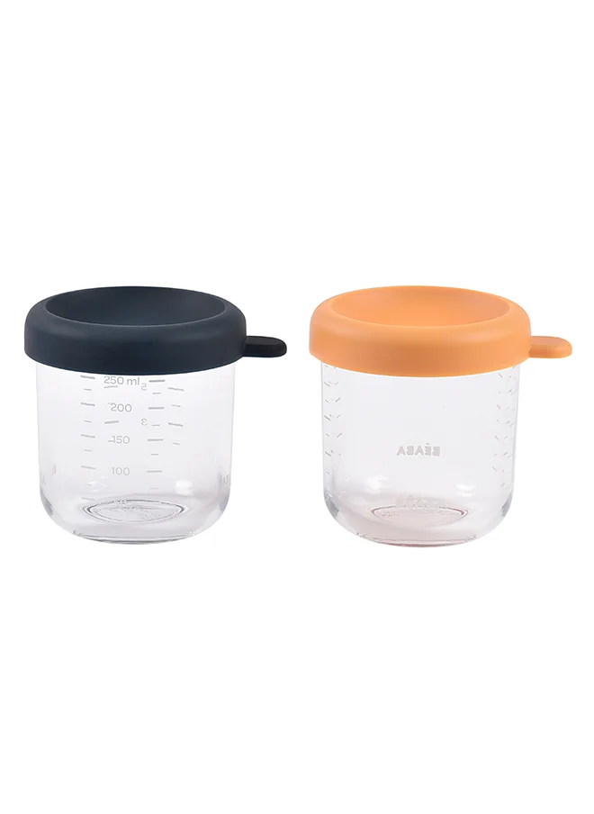 BEABA Set Of 2 Glass Baby Food Storage Jars, Night Blue And Honey, 250 ML