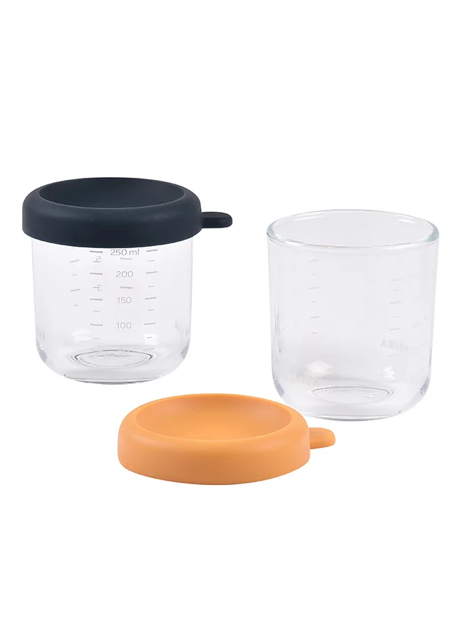 BEABA Set Of 2 Glass Baby Food Storage Jars, Night Blue And Honey, 250 ML