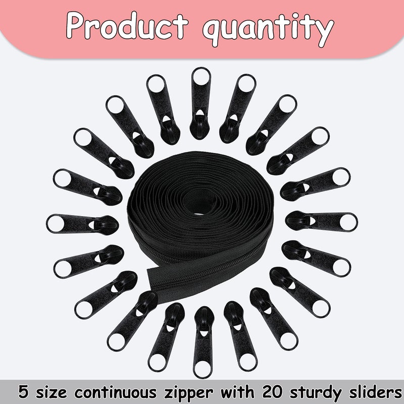 YAKA 5 Yards Bulk Zippers #5 Nylon Coil Zippers for Sewing Black Nylon Coil Zipper with 20pcs Zipper Sliders Repair Kit for Jackets Luggage Backpack DIY Sewing Tailor Craft Bags and Clothing - Image 3