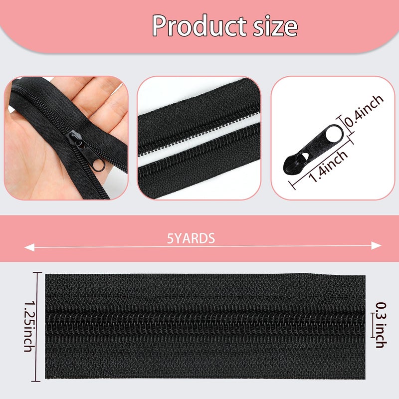 YAKA 5 Yards Bulk Zippers #5 Nylon Coil Zippers for Sewing Black Nylon Coil Zipper with 20pcs Zipper Sliders Repair Kit for Jackets Luggage Backpack DIY Sewing Tailor Craft Bags and Clothing - Image 2