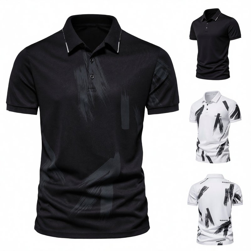 Men's Short Sleeve Polo Shirt Fashion Print Casual T-Shirt Slim Fit Turn-Down Collar