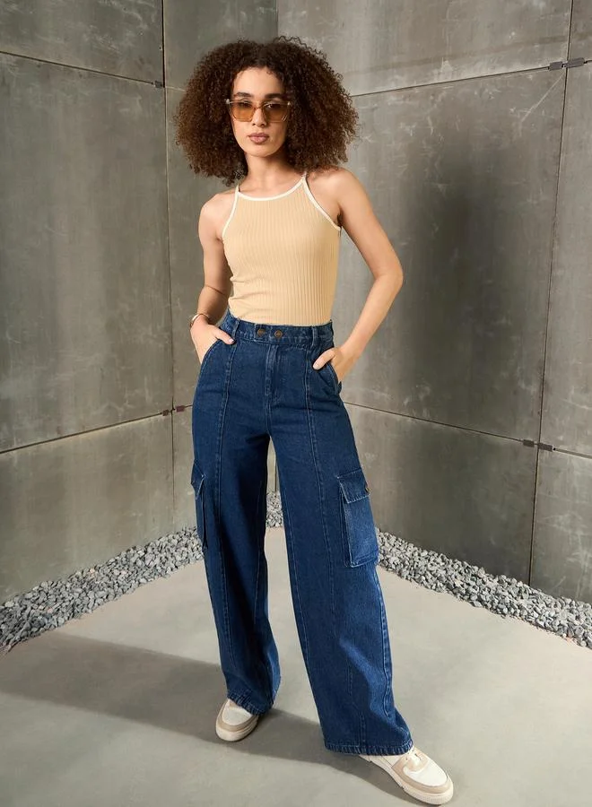 ساسافراس Sassafras Beige Ribbed Contrast Piping Strappy Top