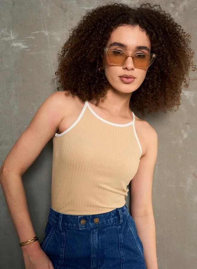 ساسافراس Sassafras Beige Ribbed Contrast Piping Strappy Top