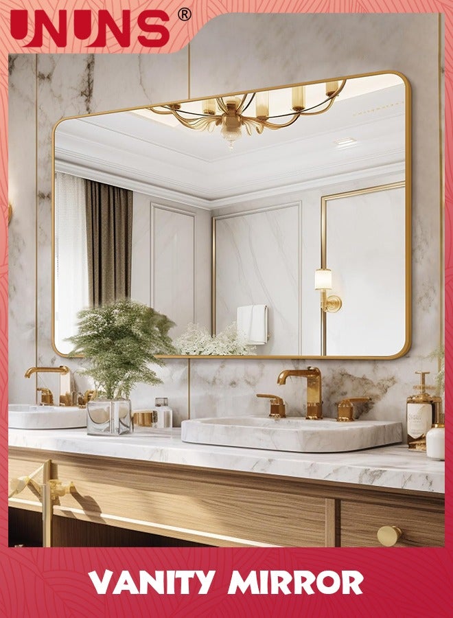 UNUNS Vanity Bathrroom Mirror,Bathroom Mirror For Over Sink,Wall-Mounted Aluminum Framed Mirror For Bedroom,Restroom,Corner,Modern Rounded Corner Anti-Rust Hanging Mirrors Of Home,16 x 24in,Golden  - Image 1