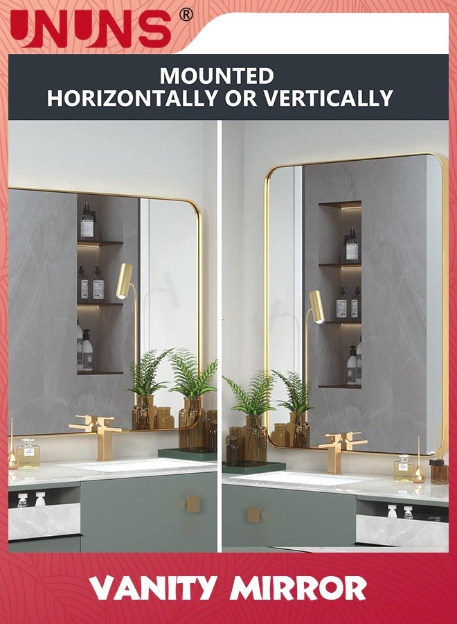 UNUNS Vanity Bathrroom Mirror,Bathroom Mirror For Over Sink,Wall-Mounted Aluminum Framed Mirror For Bedroom,Restroom,Corner,Modern Rounded Corner Anti-Rust Hanging Mirrors Of Home,16 x 24in,Golden  - Image 2