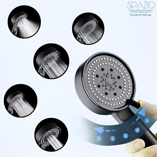 SPAZIO HS-2 ABS High Pressure Multi Flows Black Hand Shower Set/Shower Head With 1.5 Meter Black Tube & Wall Hook (Set of 1) For Bathroom/Wall Mixer Faucet (Wall Mount Installation Type) - Image 4