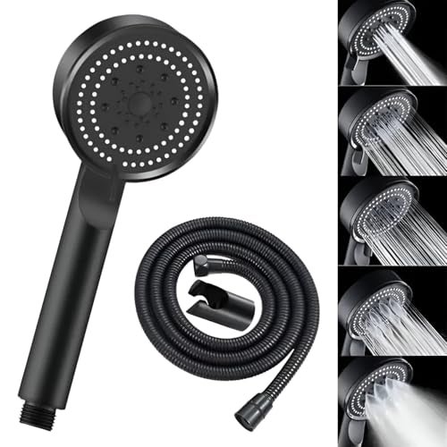 SPAZIO HS-2 ABS High Pressure Multi Flows Black Hand Shower Set/Shower Head With 1.5 Meter Black Tube & Wall Hook (Set of 1) For Bathroom/Wall Mixer Faucet (Wall Mount Installation Type) - Image 1