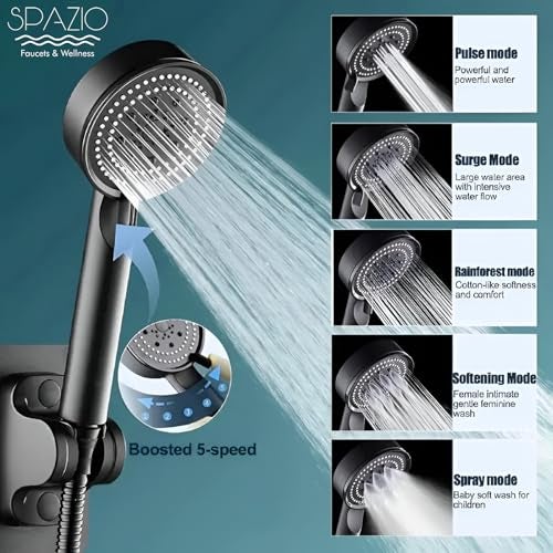SPAZIO HS-2 ABS High Pressure Multi Flows Black Hand Shower Set/Shower Head With 1.5 Meter Black Tube & Wall Hook (Set of 1) For Bathroom/Wall Mixer Faucet (Wall Mount Installation Type) - Image 3