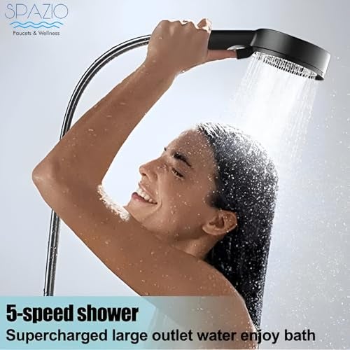 SPAZIO HS-2 ABS High Pressure Multi Flows Black Hand Shower Set/Shower Head With 1.5 Meter Black Tube & Wall Hook (Set of 1) For Bathroom/Wall Mixer Faucet (Wall Mount Installation Type) - Image 5