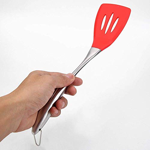 we3 Silicone Wok Slotted Spatula Turner BPA Free 500�F Stainless Steel Handle 14 Inch for Non Stick Cookware|Steel Slotted 35CM L| (RED) - Image 3