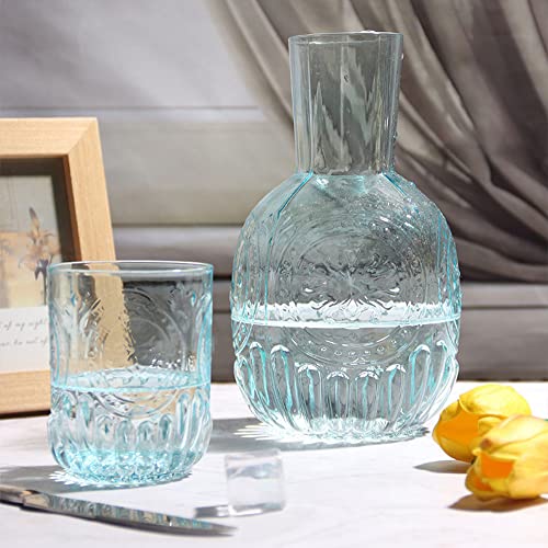 RockTrend Retro Clear Glass Bedside Night Water Carafe with Tumbler Glass, Relief Pitcher And Cup Set Blue - Image 3