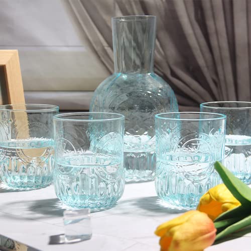 RockTrend Retro Clear Glass Bedside Night Water Carafe with Tumbler Glass, Relief Pitcher And Cup Set Blue - Image 4