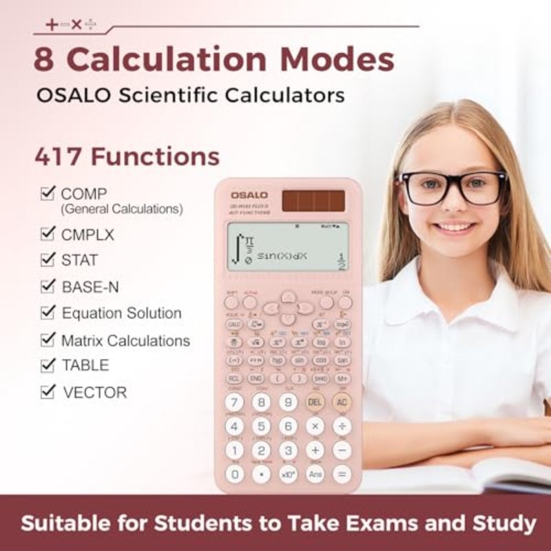 آلة حاسبة علمية 417 وظيفة GCSE School Pink OS-991ES PLUS 2 آلة حاسبة علمية للرياضيات، طاقة شمسية وبطارية لـ GCSE، كلية المدرسة الثانوية الثانوية، شاشة عرض مكتوبة من سطرين - Image 5