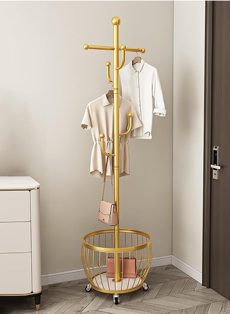 Generic Coat Rack Freestanding, Moveable Coat Tree with Basket, Modern Coat Hanger Stand with 4/6 Hooks for Scarf Jacket Hat, Metal Clothes Rack for Living Room Bedroom Office(168cm/66inch, Gold) - Image 1