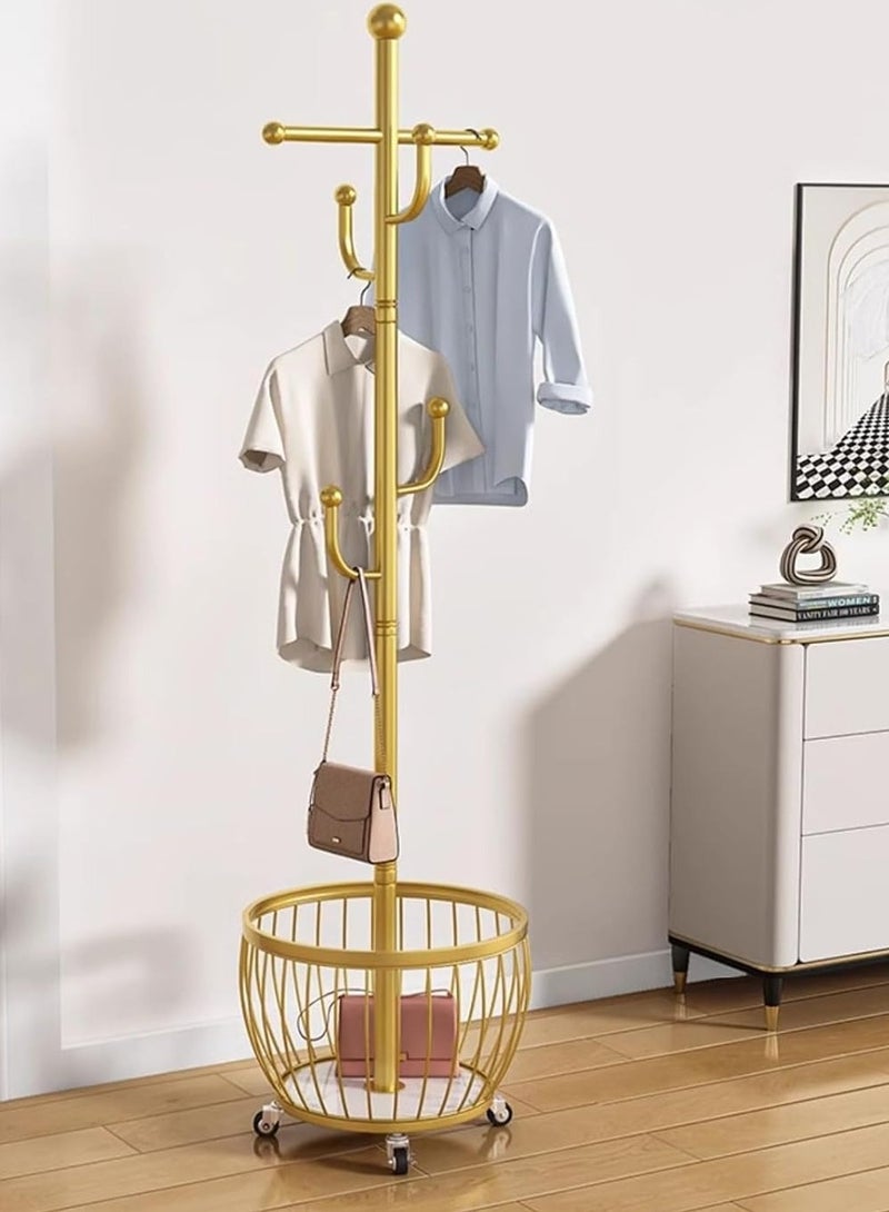 Generic Coat Rack Freestanding, Moveable Coat Tree with Basket, Modern Coat Hanger Stand with 4/6 Hooks for Scarf Jacket Hat, Metal Clothes Rack for Living Room Bedroom Office(168cm/66inch, Gold) - Image 2